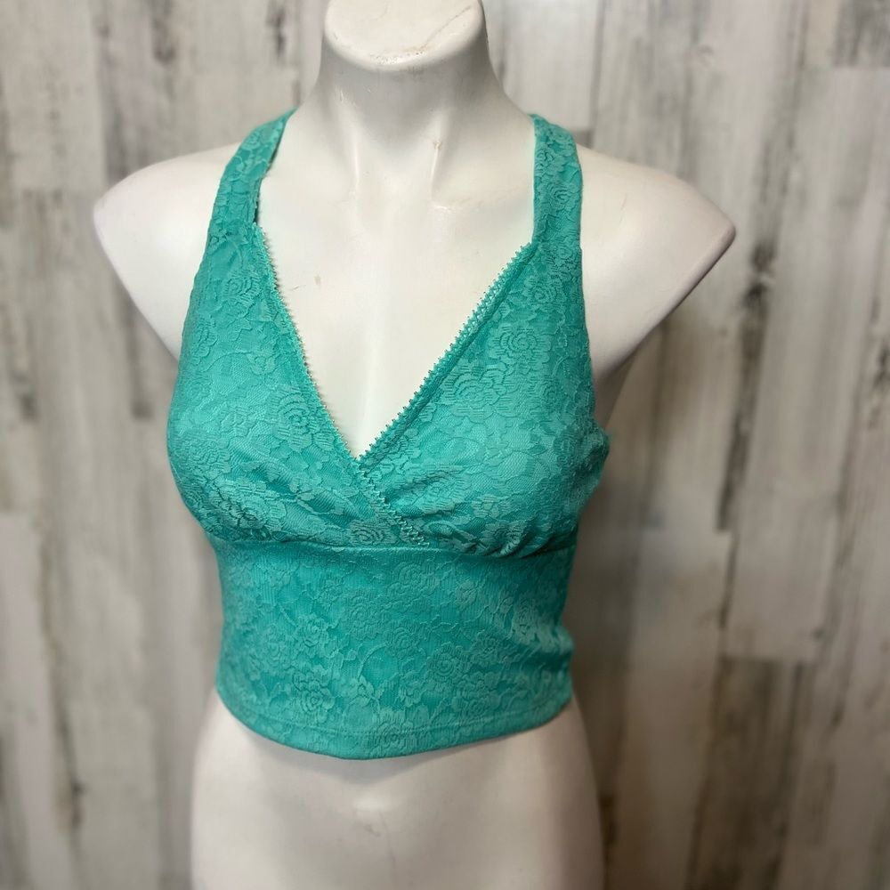 Bozzolo Teal Floral Lace Crop Top Womens Size Large L Cross Back Surplice Cami